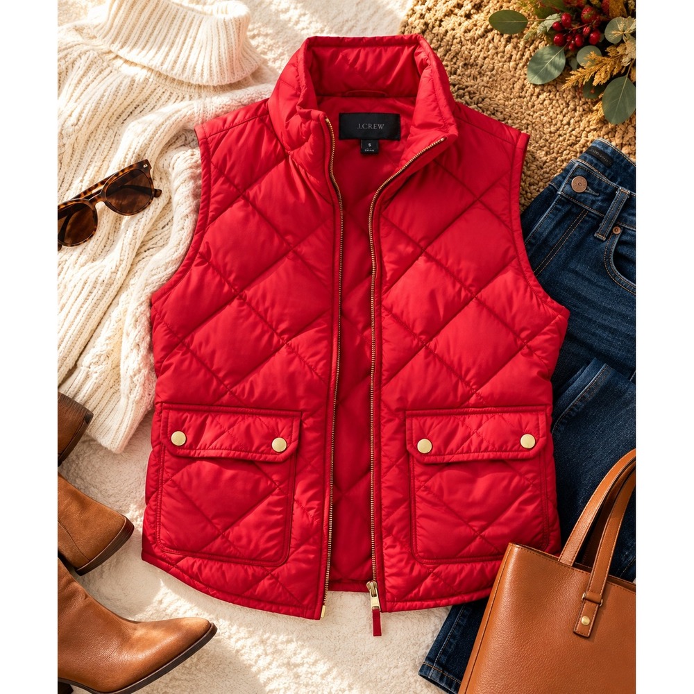 J.Crew Excursion Quilted Down Puffer Vest Small Red Gold Snap Preppy